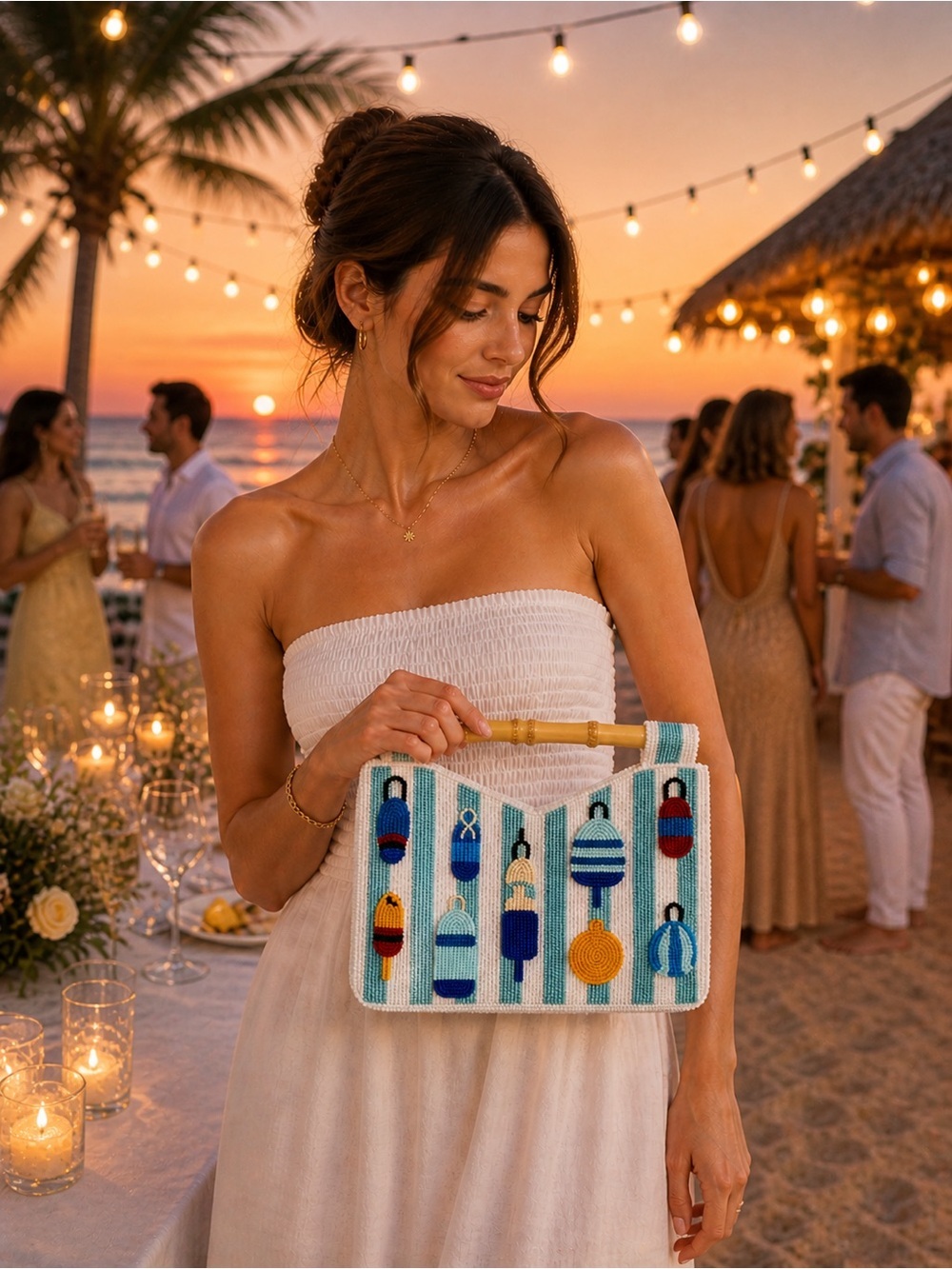 Beaded Coastal Handbag Bamboo Handle | Summer Statement Bag | Unique Handmade